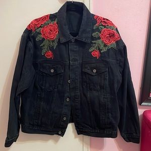 LF Rose Embroidered Black Denim Jacket